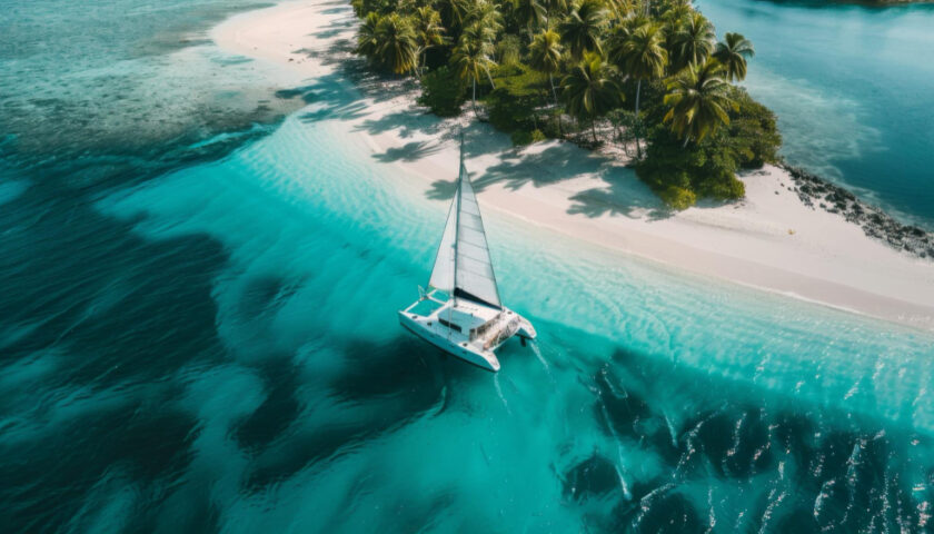 catamaran qui navigue dans un décor paradisiaque
